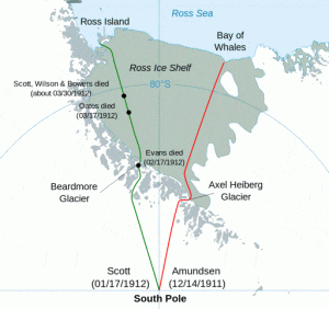 The routes to the South Pole taken by Scott (green) and Amundsen (red), 1911–1912.