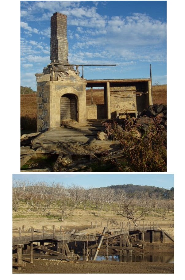 Buildings and bridges rise from the depths of Lake Eucumbene as water levels drop during the severe drought in 2007.  Taken on the Old Snowy Mountains highway near Anglers Reach. What secrets did they divulge? (My photos taken while we were living in Old Adaminaby, 2007)
