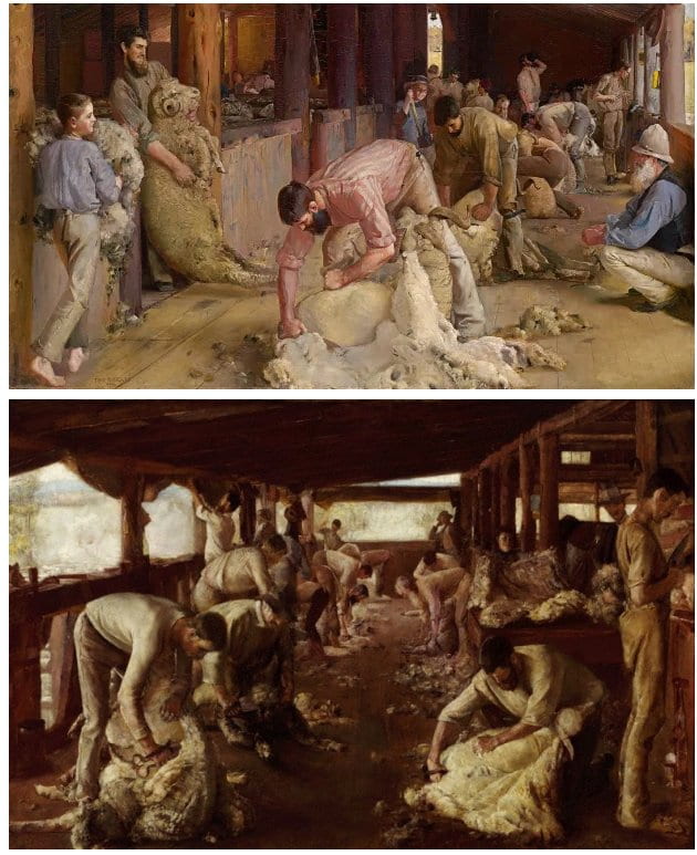 Iconic images of the 19th century shearing shed. Shearing the Rams (top) and The Golden Fleece (bottom) both by Tom Roberts.